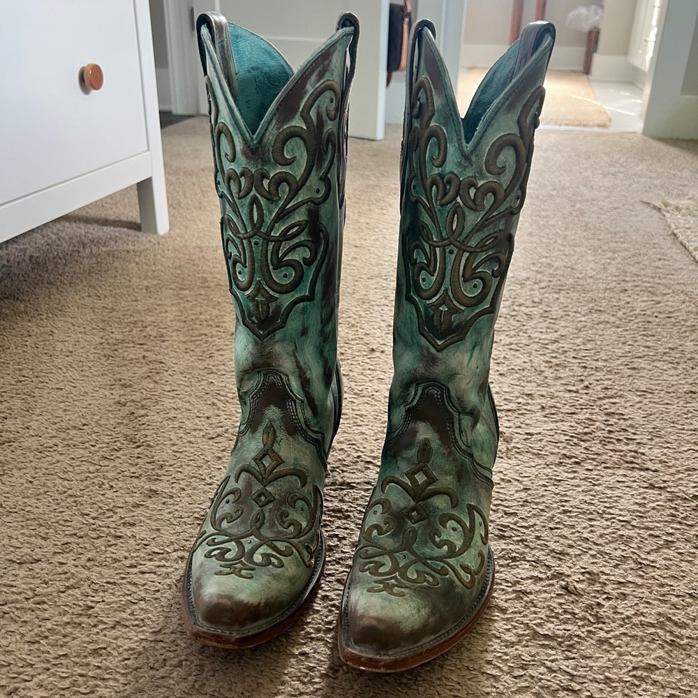 Corral Teal Turquoise Cord Stitch Cowboy Boots Size 9 - Picture 5 of 8